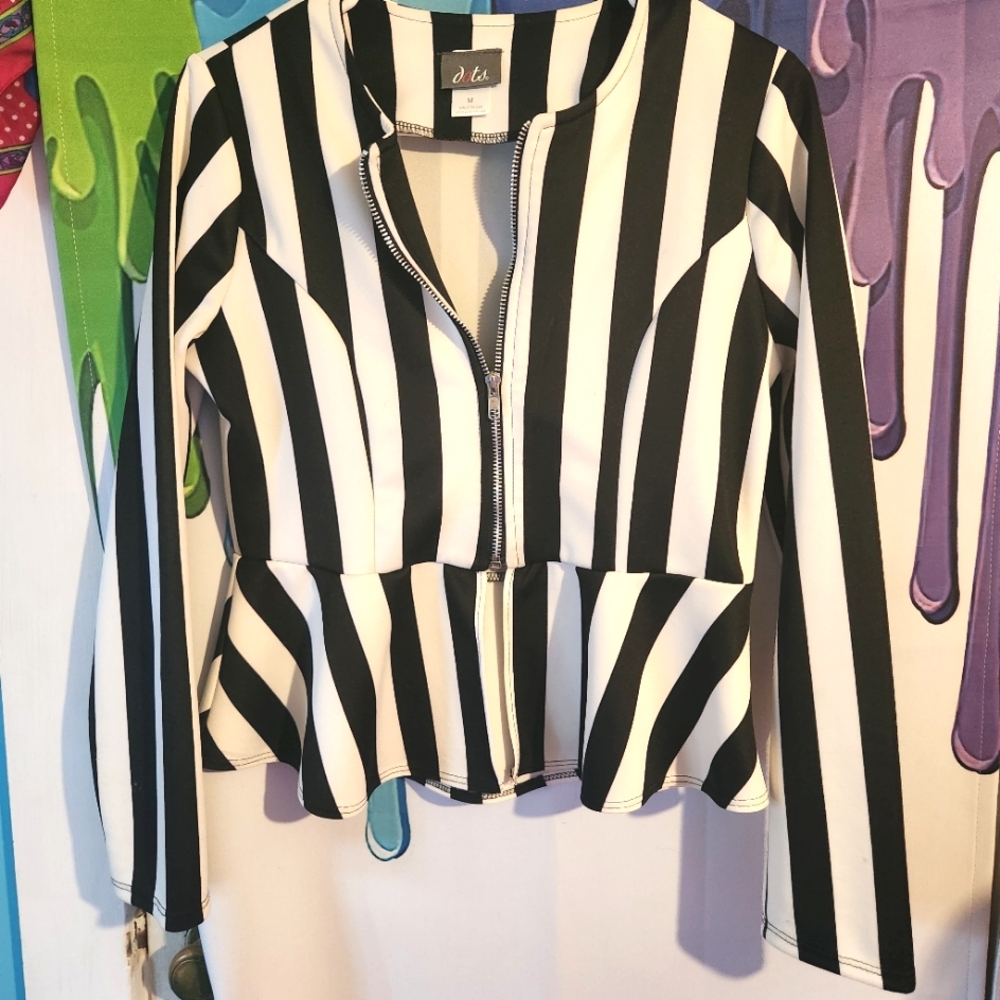 Black & White Striped Peplum Zip-Front Jacket